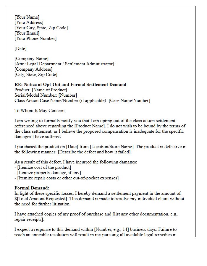 Defective Product Consumer Opt-Out Settlement Demand Letter