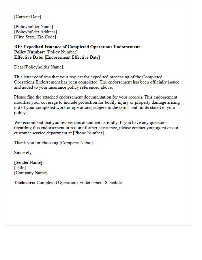 Expedited Processing Completed Operations Endorsement Issuance Letter