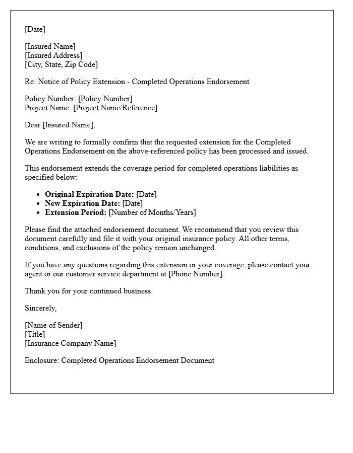 Policy Extension Completed Operations Endorsement Issuance Letter