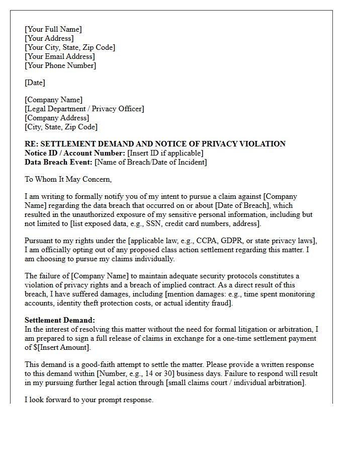 Data Breach Privacy Violation Opt-Out Settlement Demand Letter