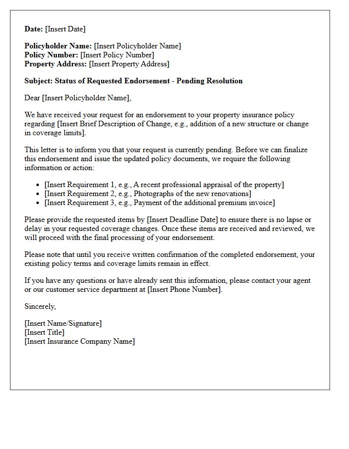 Property Insurance Endorsement Pending Resolution Letter