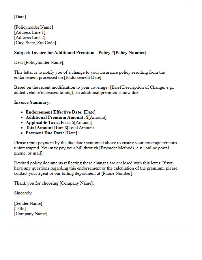 Additional Premium Endorsement Invoice Letter