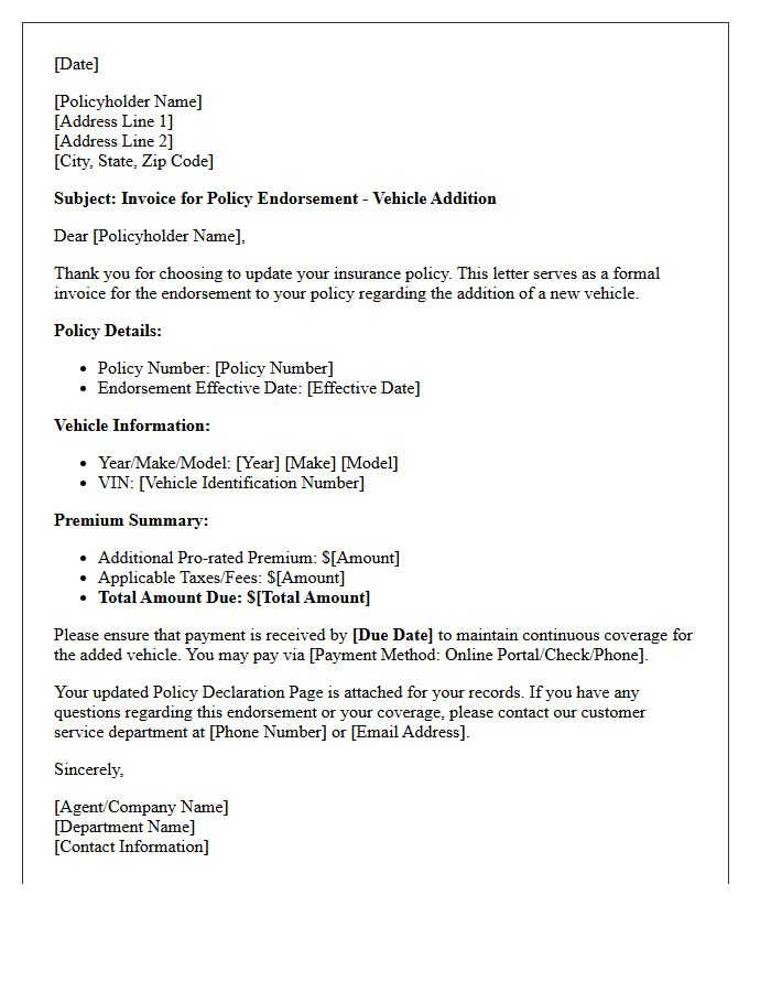 Vehicle Addition Endorsement Premium Invoice Letter