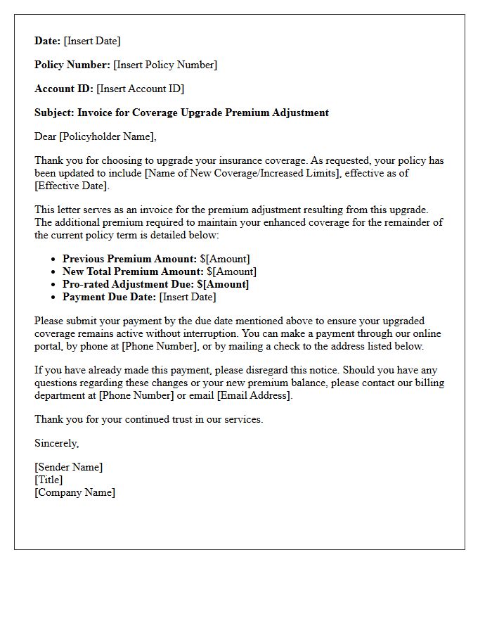 Coverage Upgrade Premium Adjustment Invoice Letter