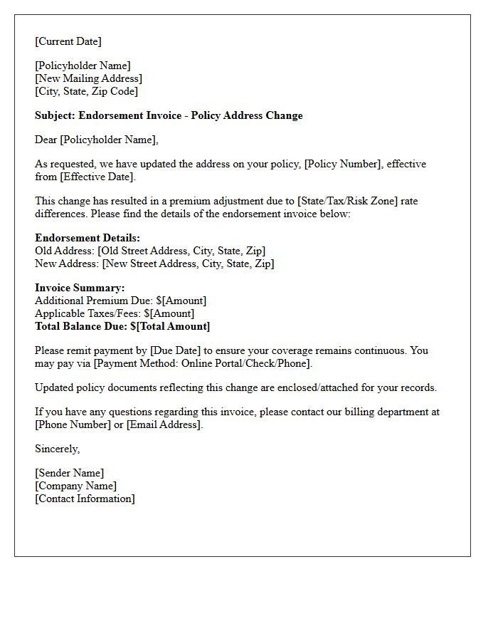 Policy Address Change Endorsement Invoice Letter