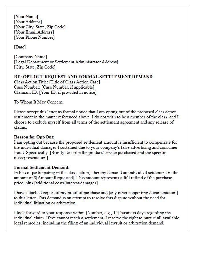 False Advertising Consumer Fraud Opt-Out Settlement Demand Letter