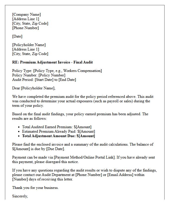 Commercial Audit Premium Adjustment Invoice Letter