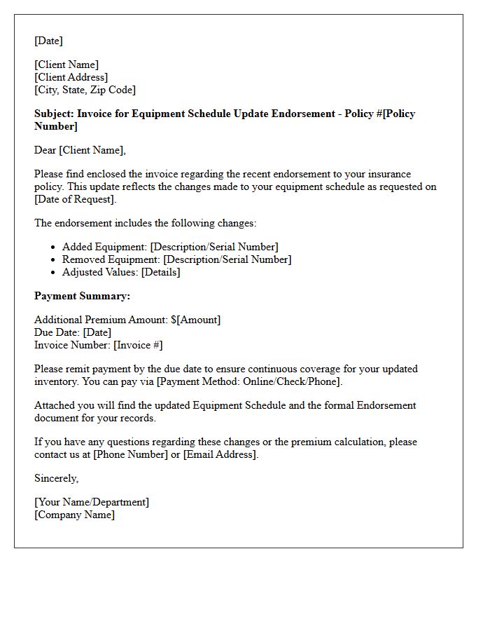 Equipment Schedule Update Endorsement Invoice Letter
