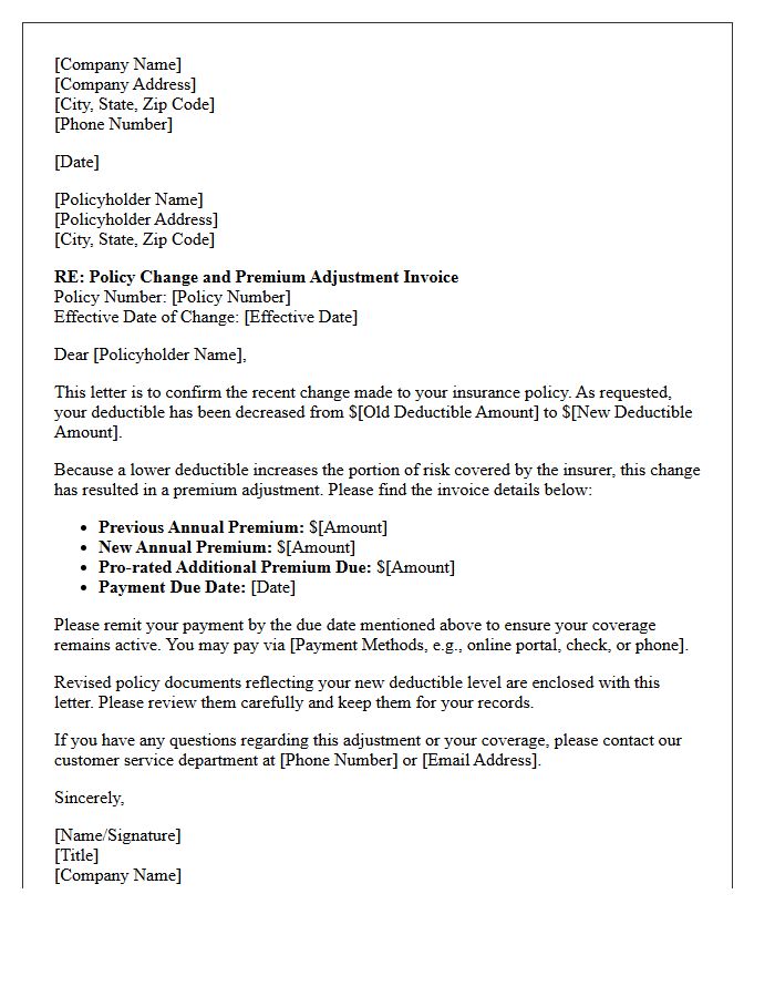 Deductible Decrease Premium Adjustment Invoice Letter