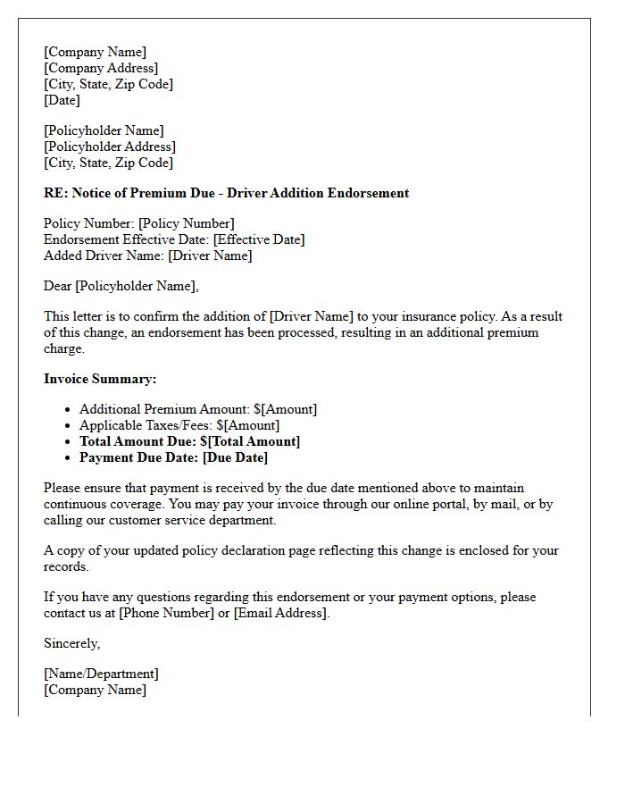 Driver Addition Endorsement Premium Invoice Letter