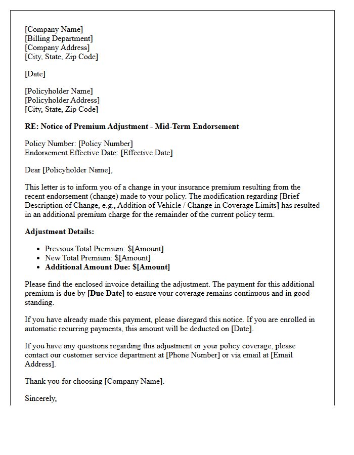 Mid-Term Endorsement Premium Adjustment Invoice Letter