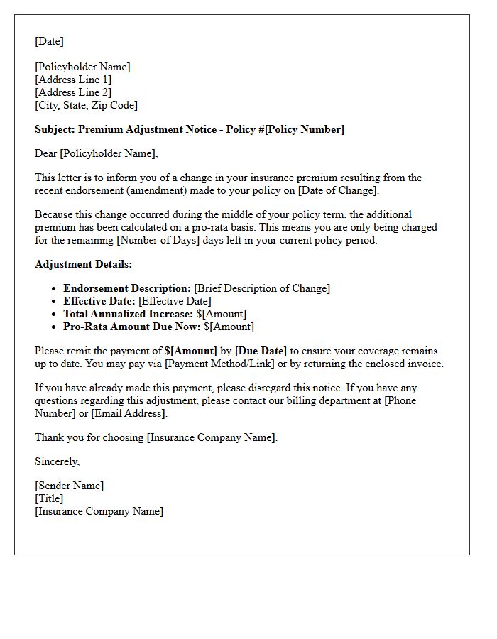 Pro-Rata Endorsement Premium Billing Letter