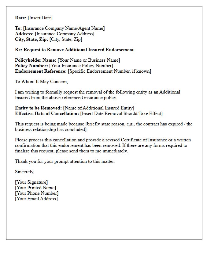 Additional Insured Endorsement Cancellation Request Letter
