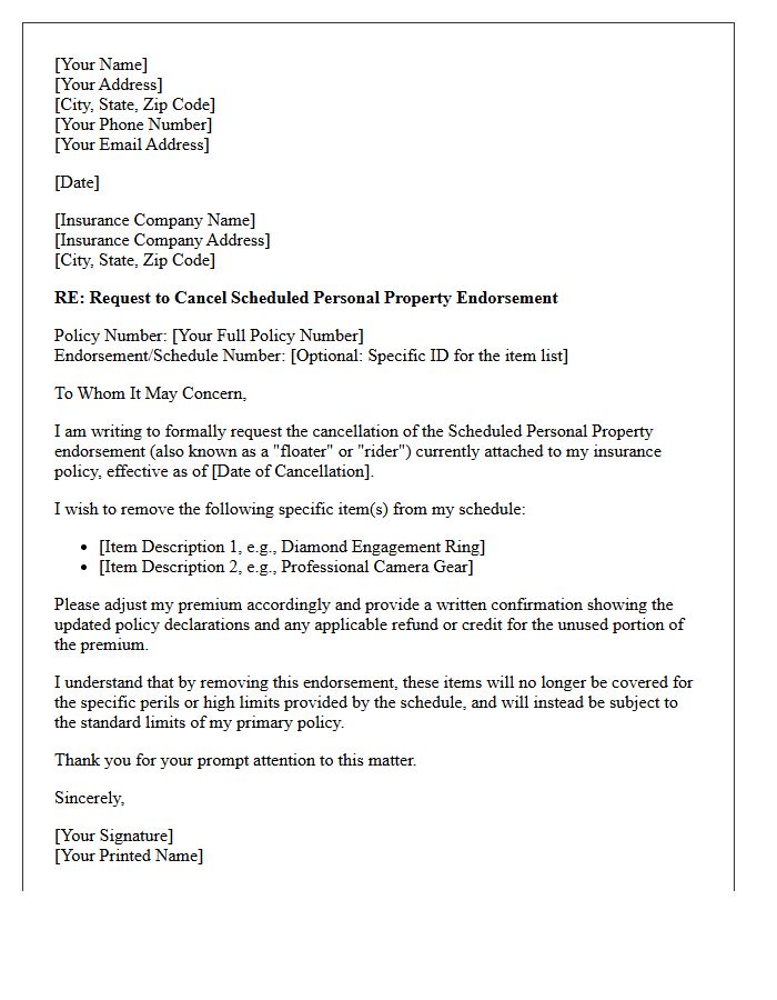 Scheduled Personal Property Endorsement Cancellation Request Letter