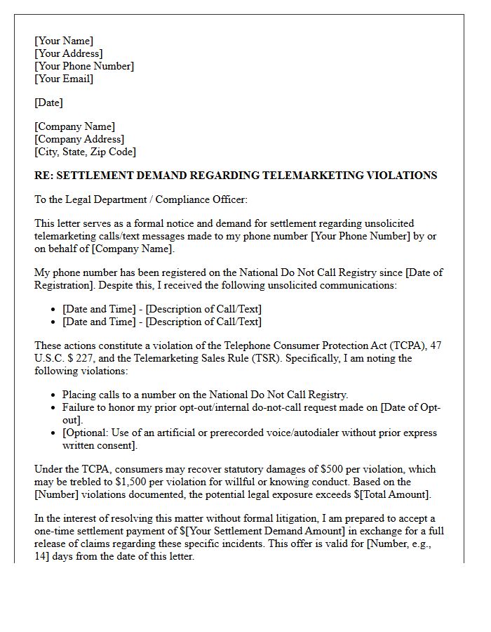 Unsolicited Telemarketing Violation Opt-Out Settlement Demand Letter
