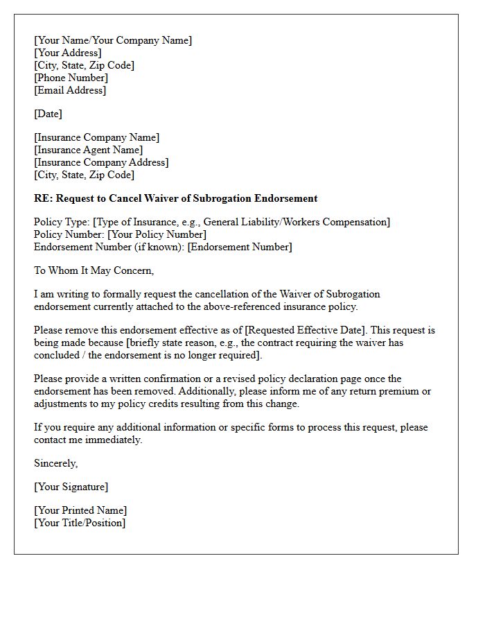 Waiver of Subrogation Endorsement Cancellation Request Letter