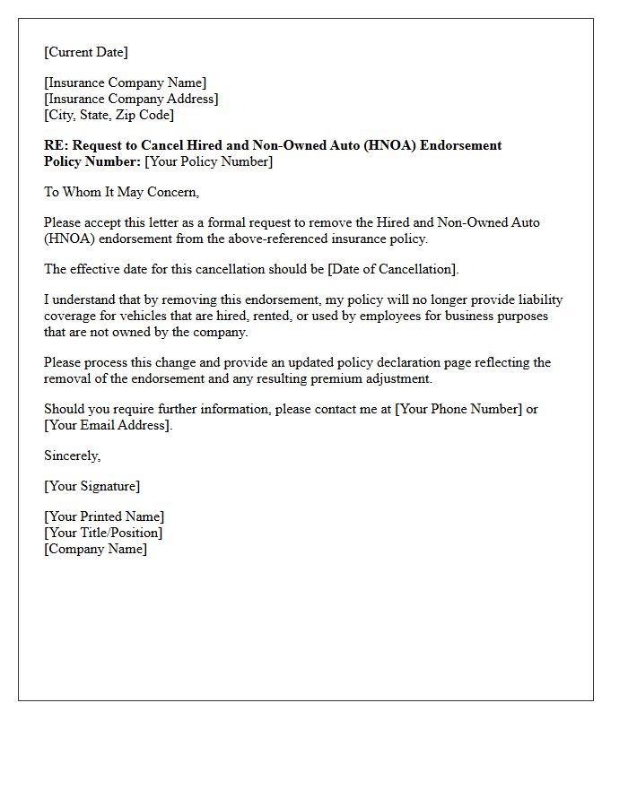 Hired and Non-Owned Auto Endorsement Cancellation Request Letter