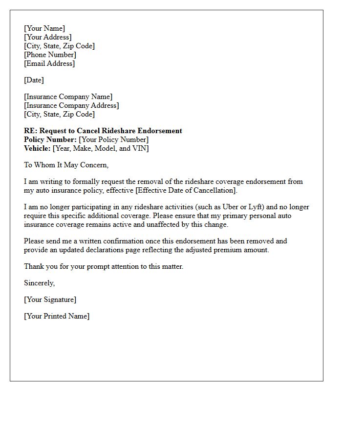 Rideshare Coverage Endorsement Cancellation Request Letter