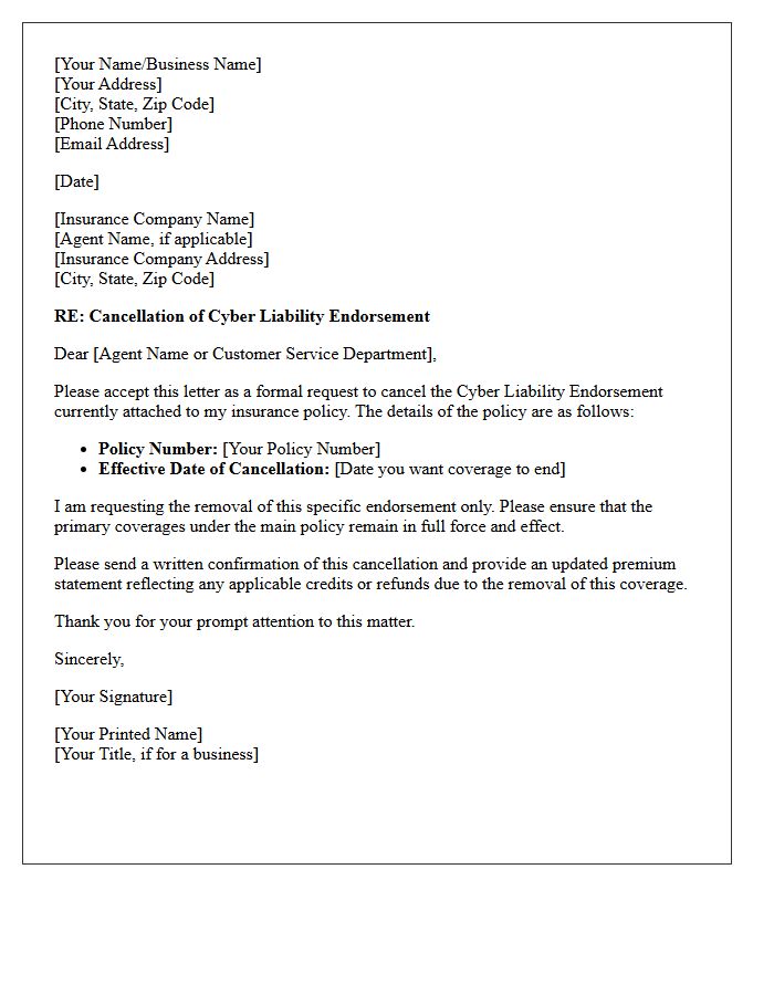 Cyber Liability Endorsement Cancellation Request Letter