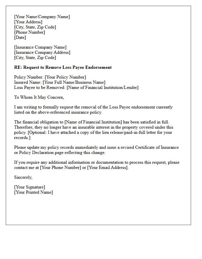 Loss Payee Endorsement Cancellation Request Letter