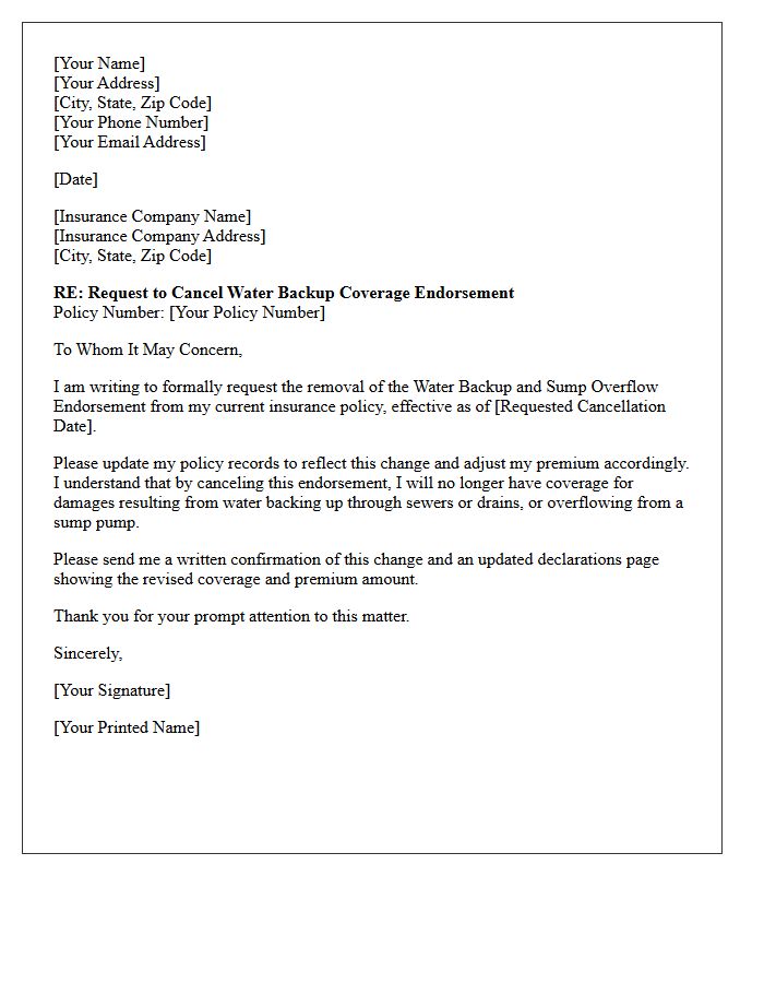 Water Backup Coverage Endorsement Cancellation Request Letter