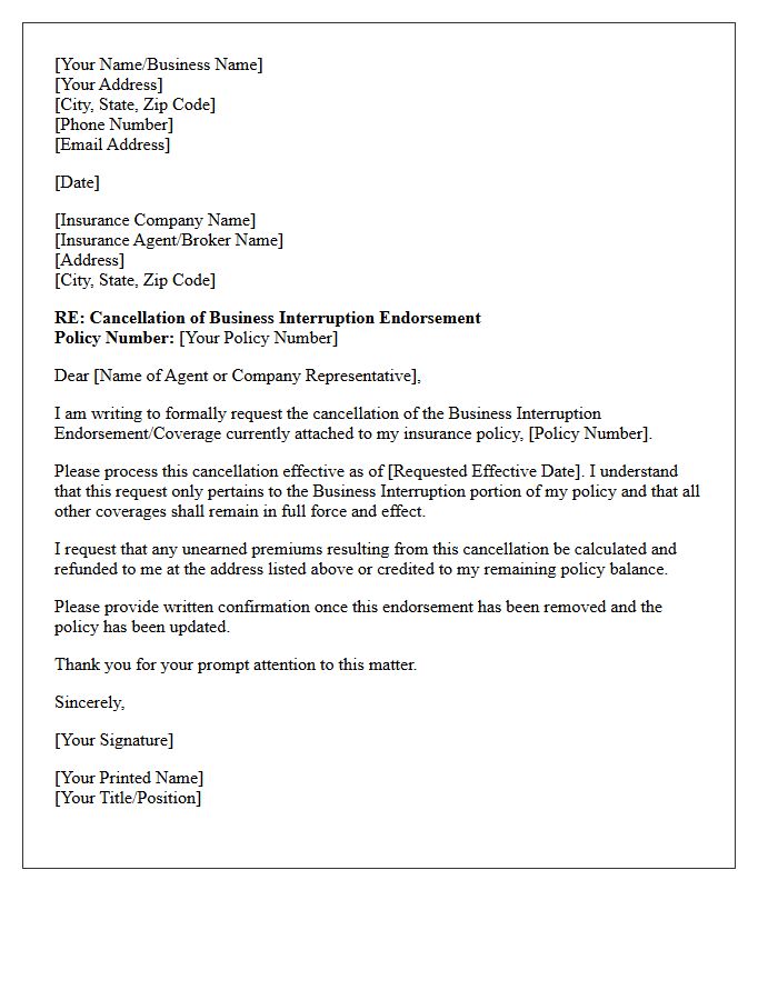 Business Interruption Endorsement Cancellation Request Letter