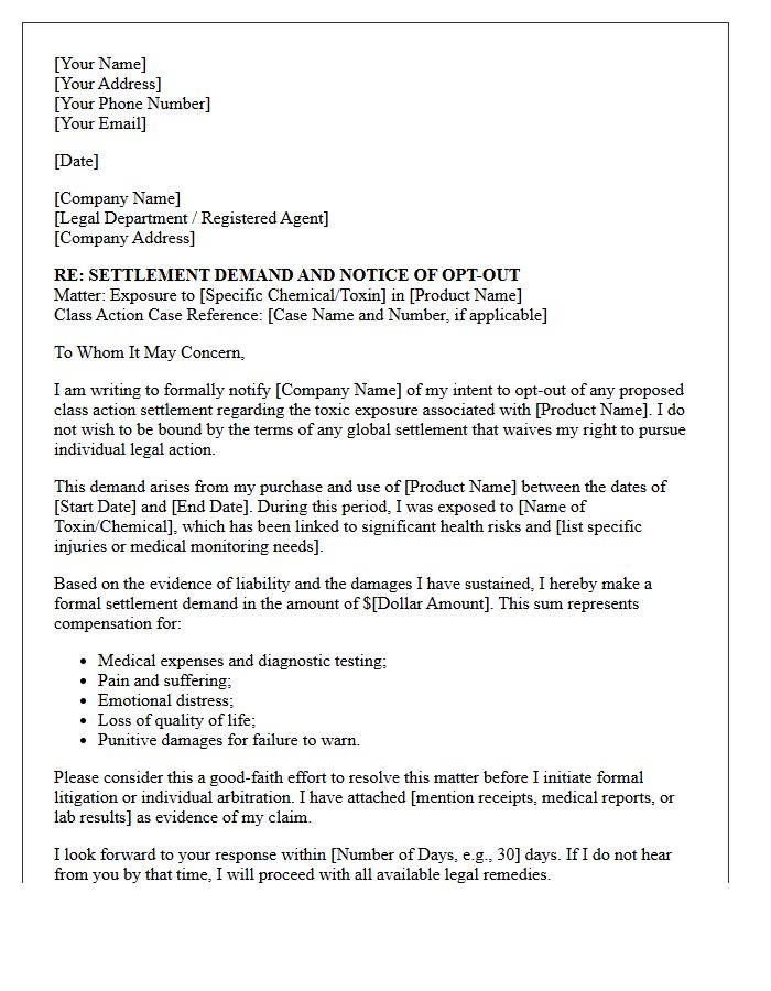 Toxic Consumer Goods Exposure Opt-Out Settlement Demand Letter