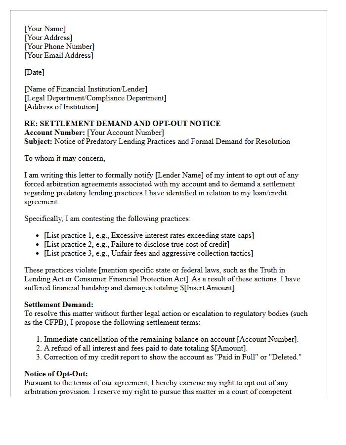 Predatory Lending Financial Practices Opt-Out Settlement Demand Letter