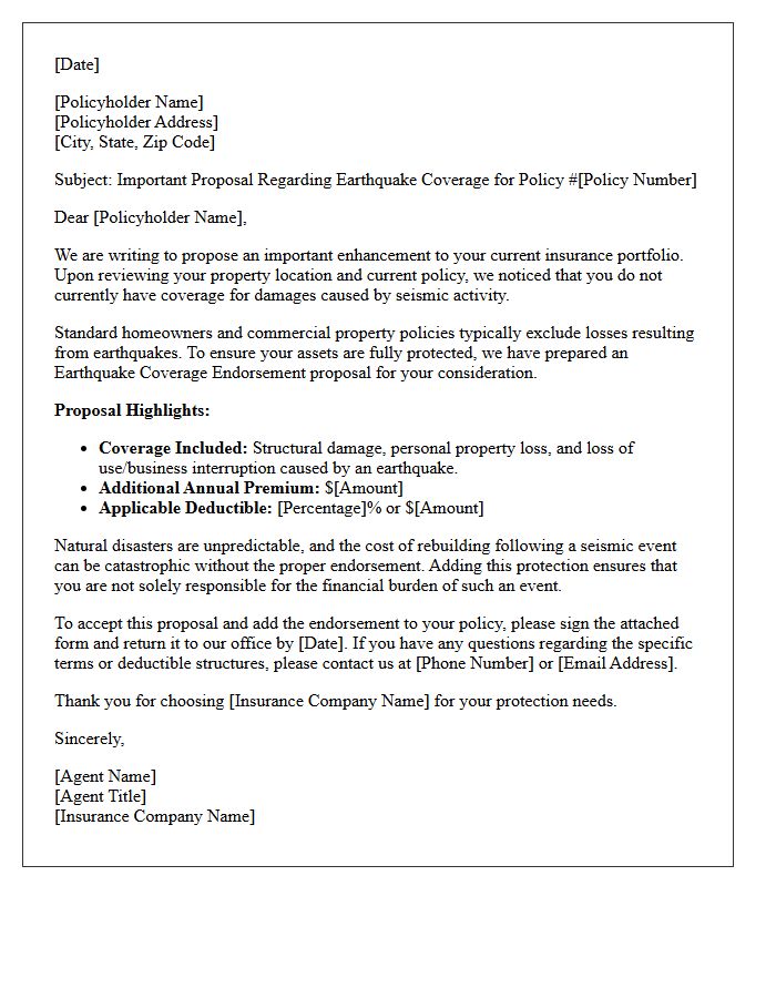 Earthquake Coverage Addition Endorsement Proposal Letter