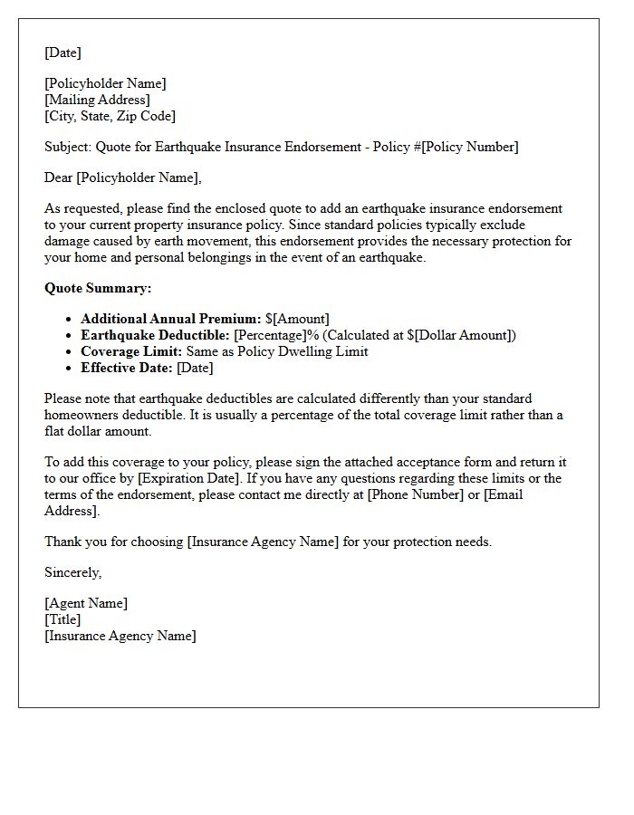 Earthquake Insurance Endorsement Quote Cover Letter