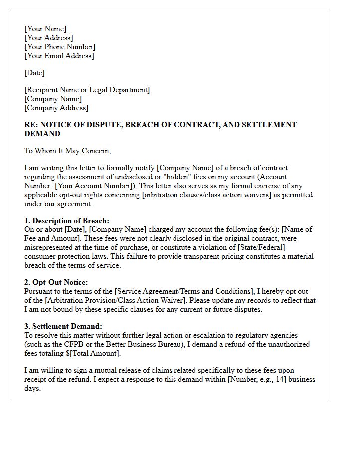 Hidden Fees Breach Of Contract Opt-Out Settlement Demand Letter