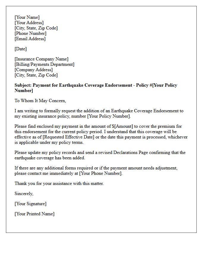Earthquake Coverage Endorsement Payment Request Letter