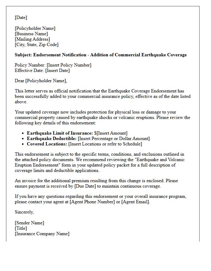 Commercial Earthquake Coverage Addition Endorsement Letter