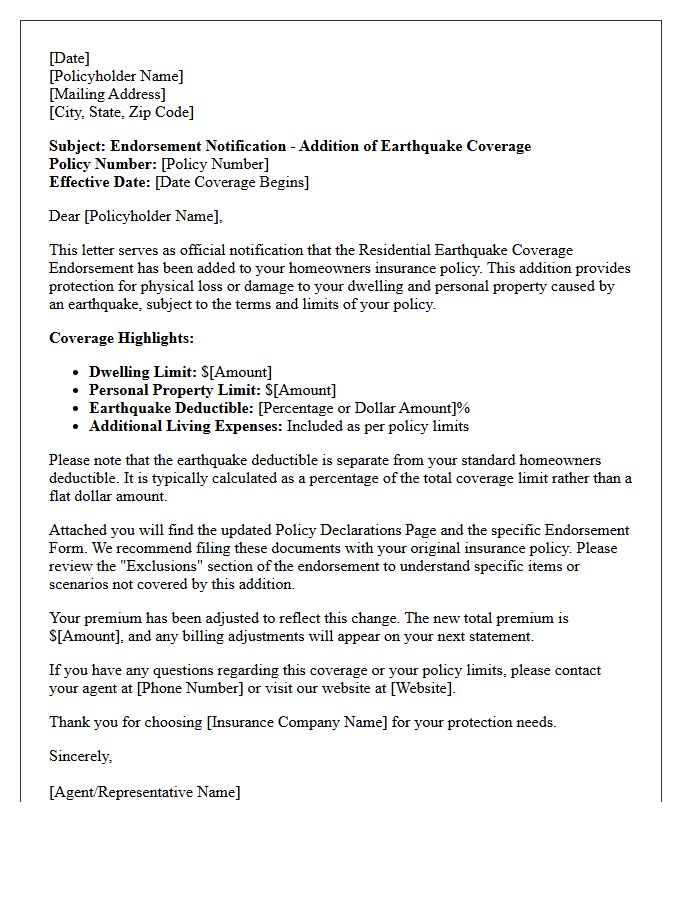 Residential Earthquake Coverage Addition Endorsement Letter