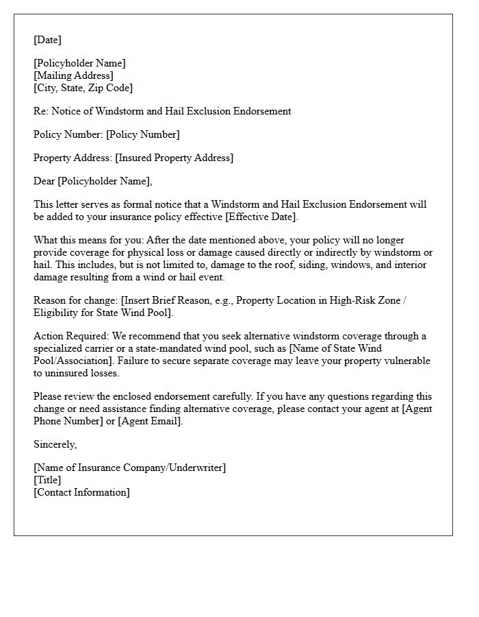 Initial Notice of Windstorm and Hail Exclusion Endorsement Letter