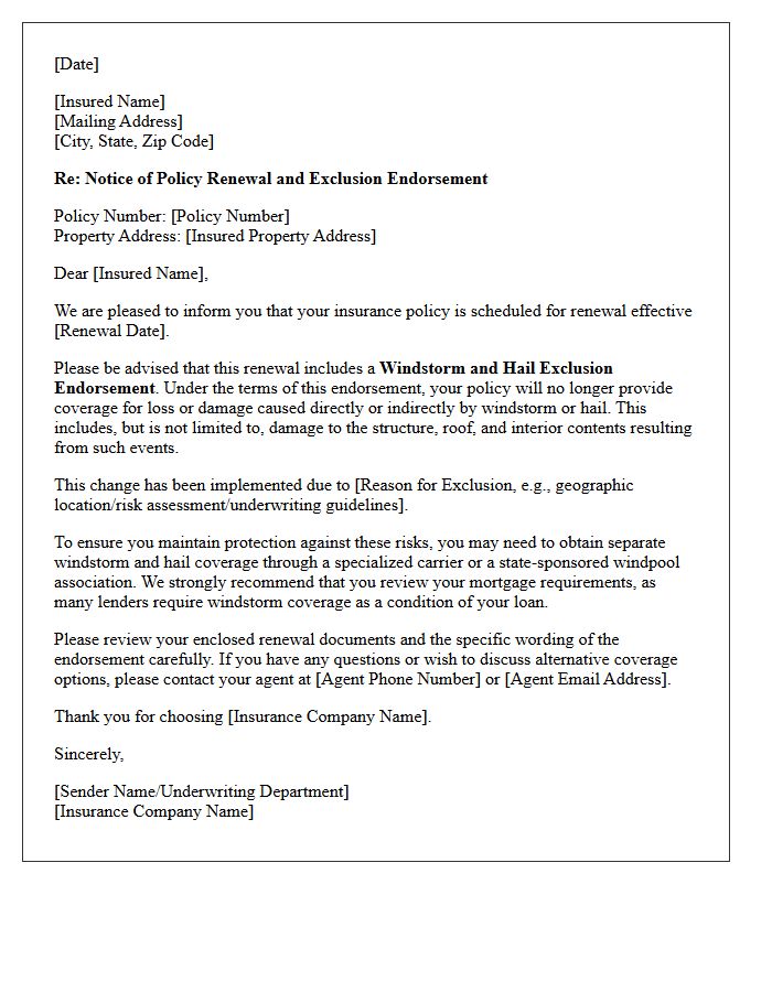 Policy Renewal Windstorm and Hail Exclusion Endorsement Letter