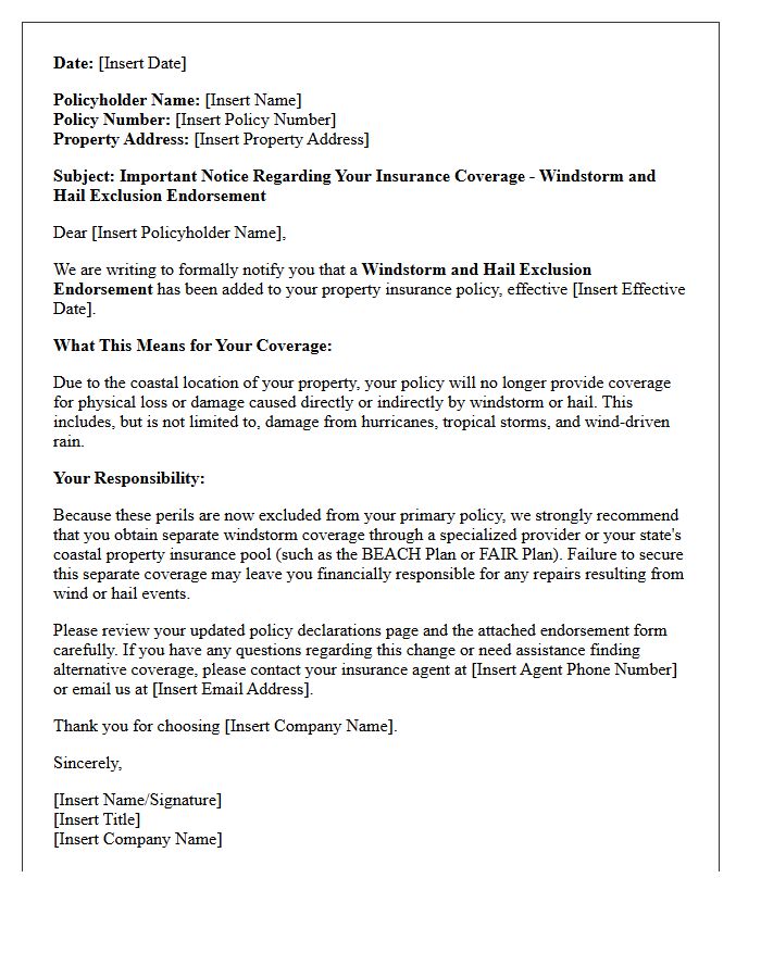 Coastal Property Windstorm and Hail Exclusion Endorsement Letter