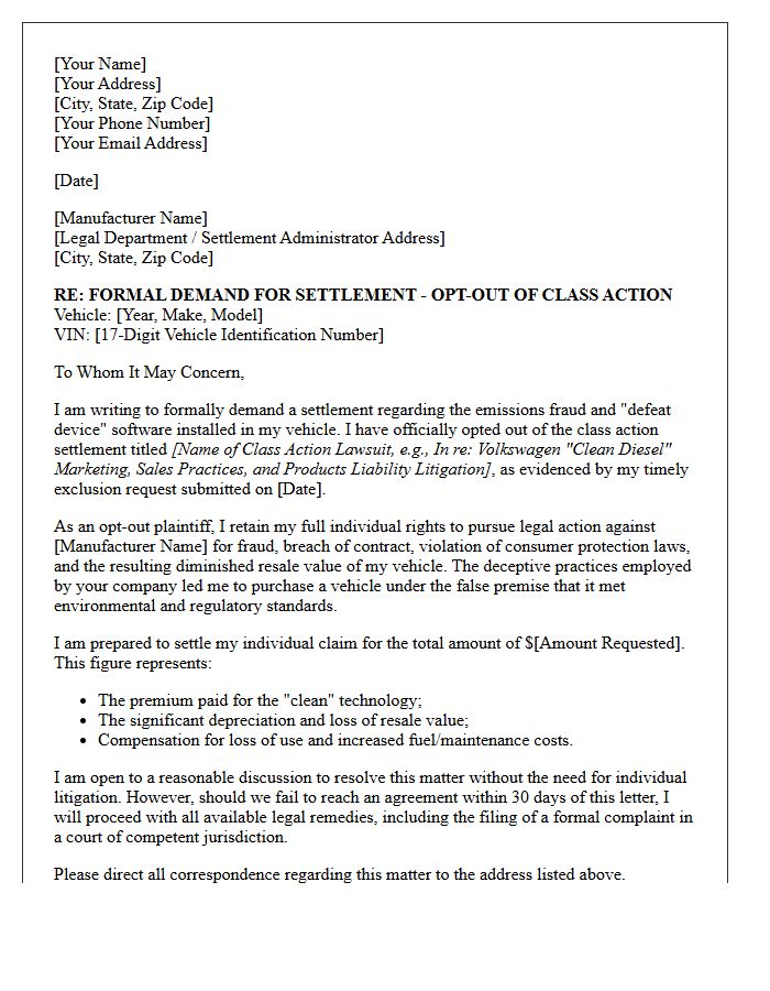 Automobile Emissions Fraud Opt-Out Settlement Demand Letter