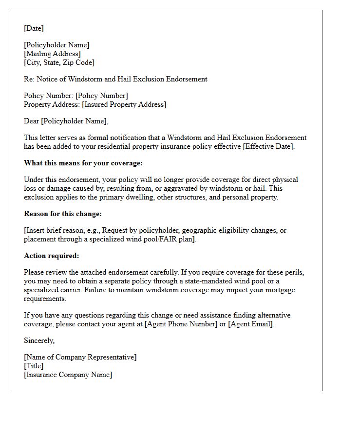 Residential Property Windstorm and Hail Exclusion Endorsement Letter
