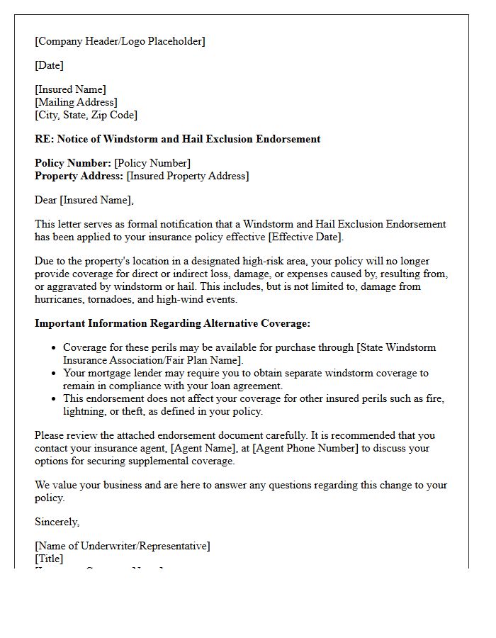 High-Risk Area Windstorm and Hail Exclusion Endorsement Letter