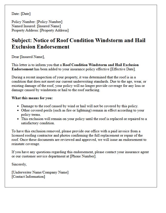 Roof Condition Windstorm and Hail Exclusion Endorsement Letter