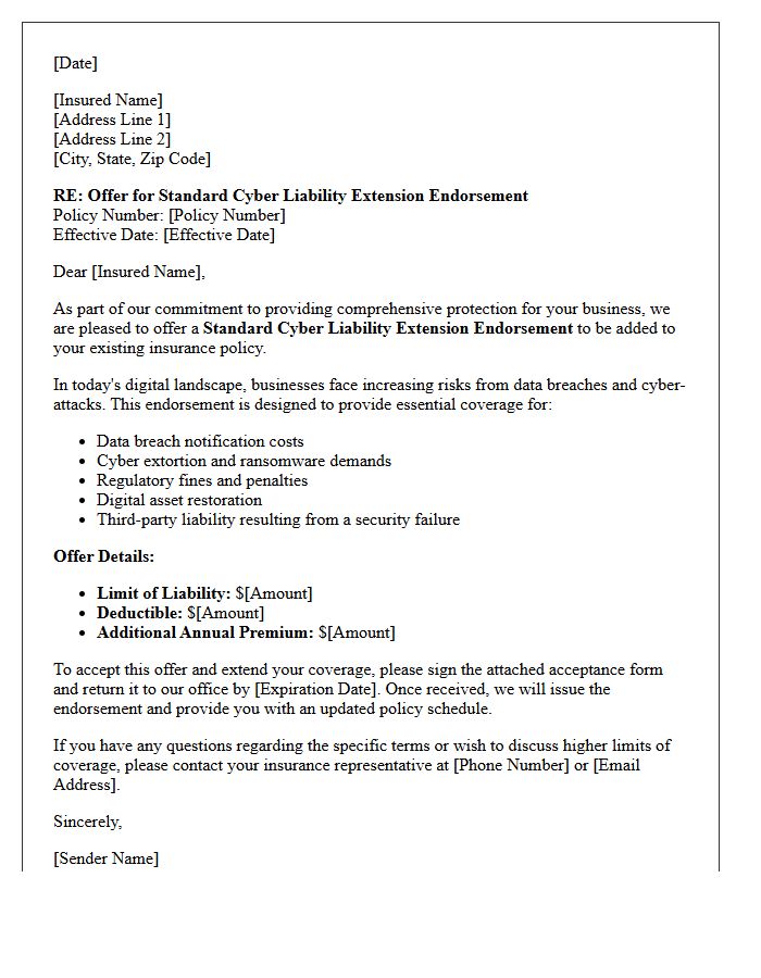 Standard Cyber Liability Extension Endorsement Offer Letter