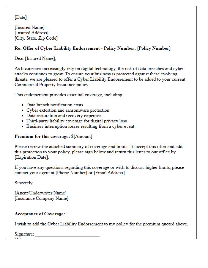 Commercial Property Cyber Liability Endorsement Offer Letter