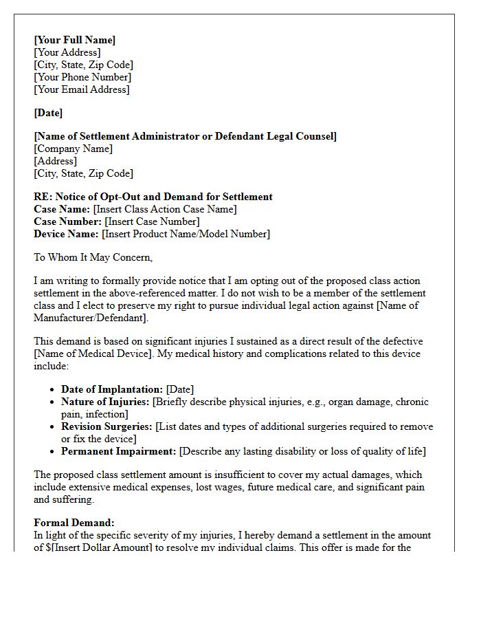 Defective Medical Device Injury Opt-Out Settlement Demand Letter