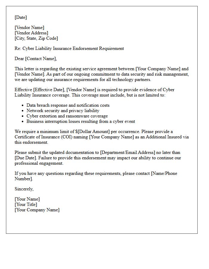 Technology Vendor Cyber Liability Endorsement Offer Letter