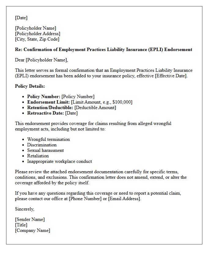 Standard Employment Practices Liability Endorsement Confirmation Letter