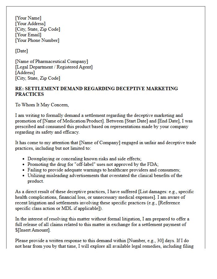 Pharmaceutical Deceptive Marketing Opt-Out Settlement Demand Letter