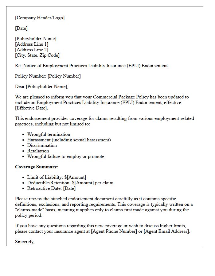 Commercial Package Policy Employment Practices Liability Endorsement Letter