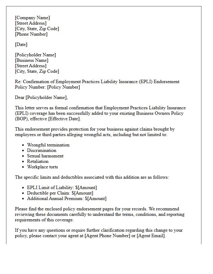 Business Owners Policy Employment Practices Liability Addition Confirmation Letter