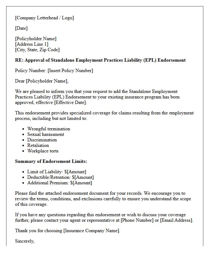 Standalone Employment Practices Liability Endorsement Approval Letter
